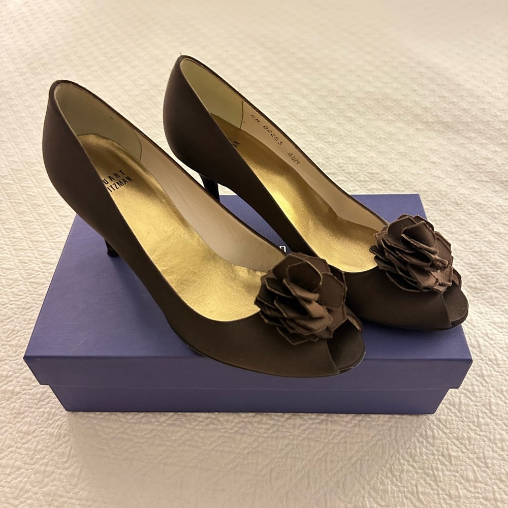 Stuart Weitzman Brown Peep-Toe Heels with Floral Accent